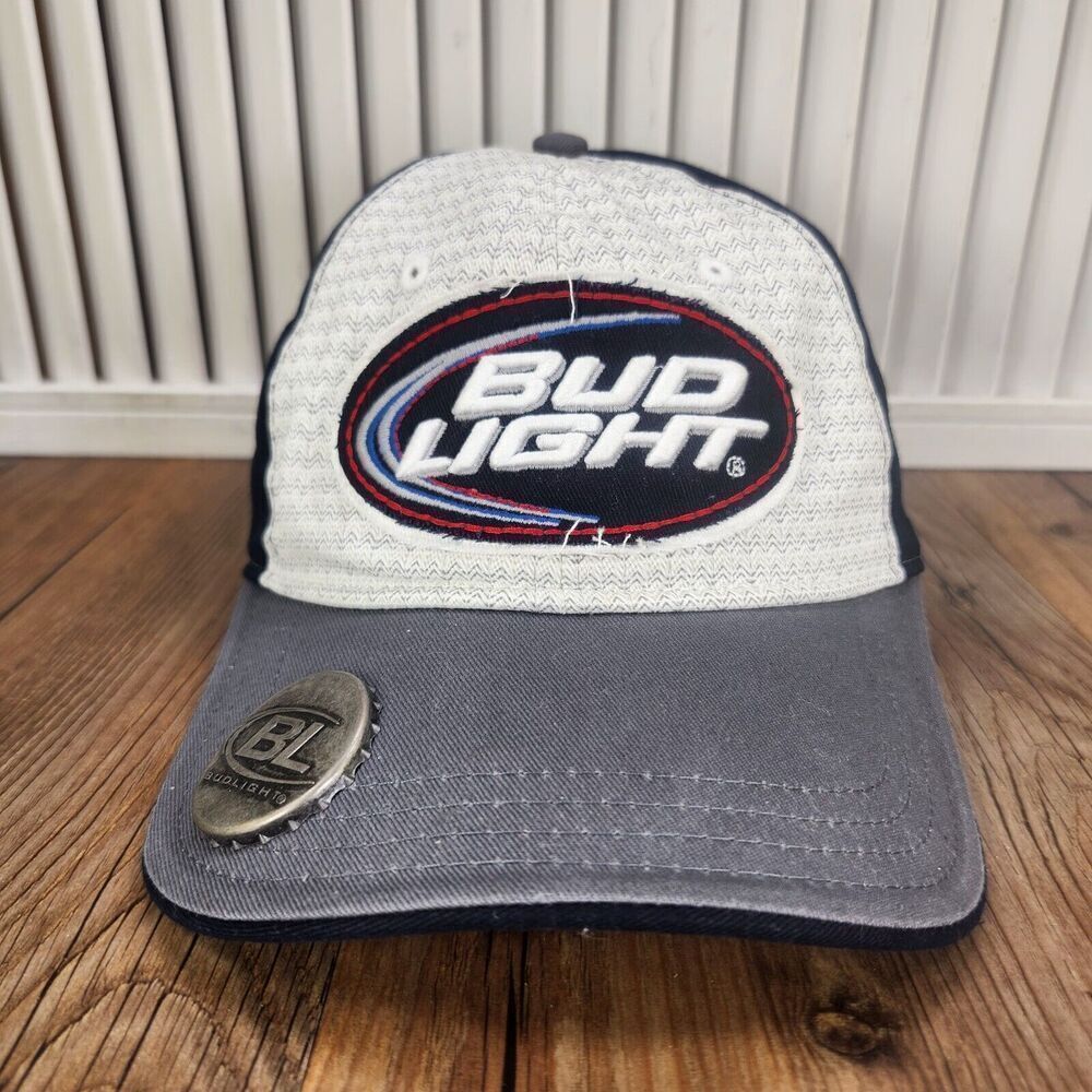Anheuser-Busch Bud Light Distressed Strapback Hat Cap Blue White Bottle Opener - Picture 2 of 11